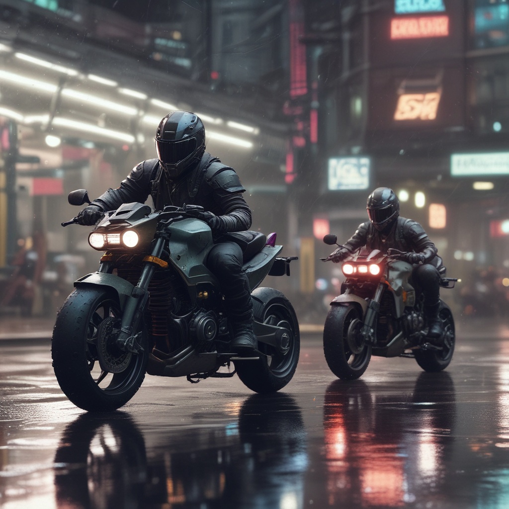 Cyberpunk motorcycles in rain